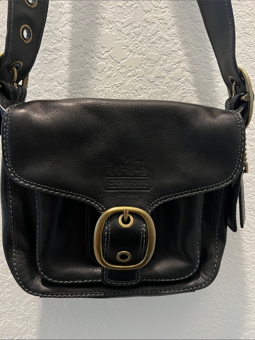 Coach Black Leather Crossbody with Brass Buckle